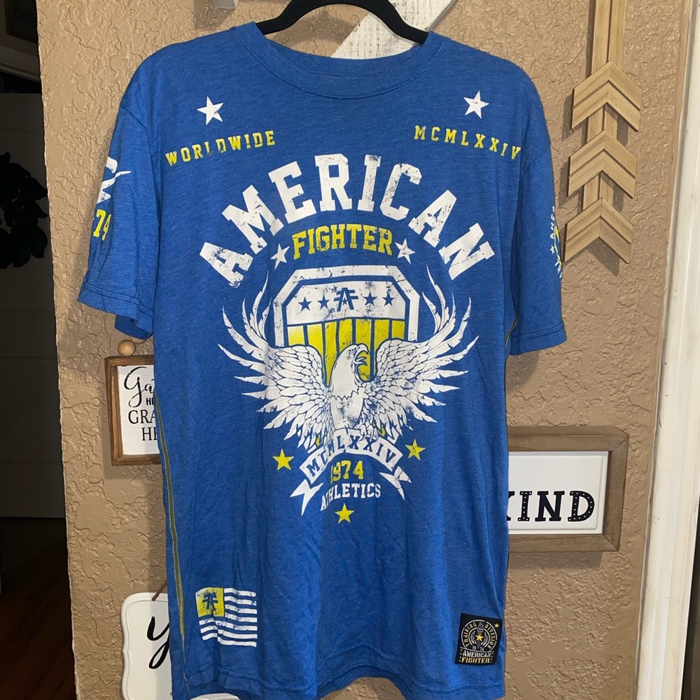 Men’s American Fighter T Shirt Blue White Yellow Size Large
